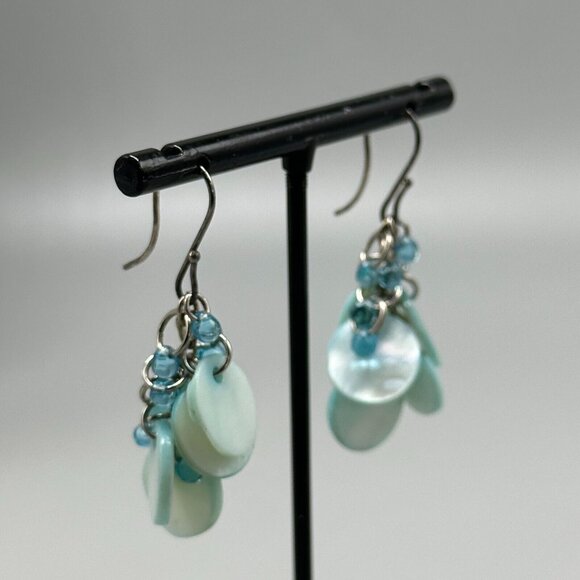 3/$30 Blue Shell Drop Earrings Silver Tone Boho Dangle Pierced Round 1.5" - Picture 3 of 7